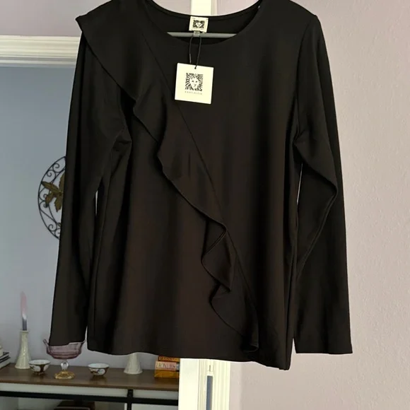 Anne Klein Black Long Sleeve Ruffle Top - Picture 4 of 5